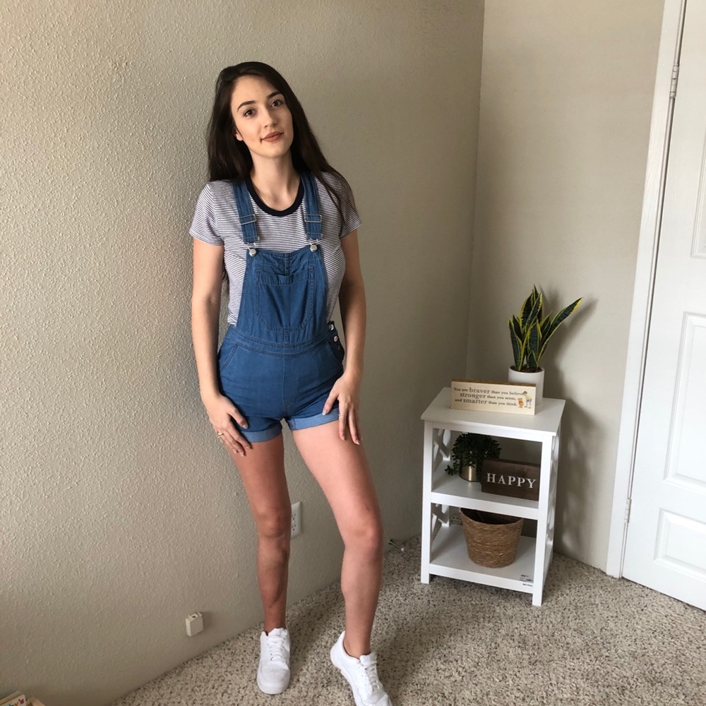 denim shortall (short overall) with buttons